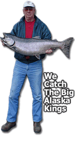 Man Holding a big King Salmon with the phrase "We Catch The Big Alaska Kings"